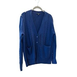 COS Womens Navy 100% Boiled Wool Pointelle V-Neck Cardigan Sweater Size S